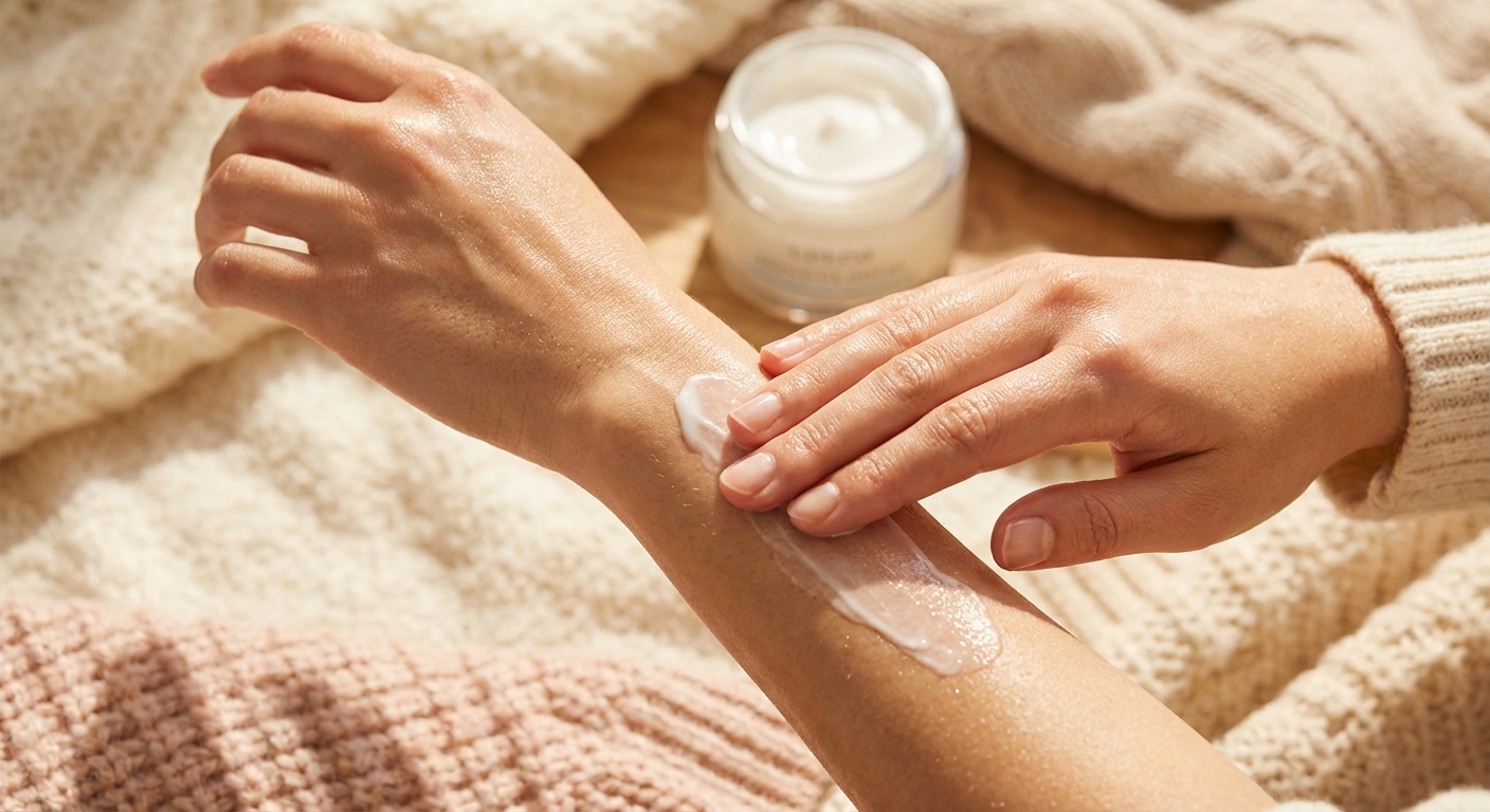 보습제를 바르는 손과 촉촉한 피부