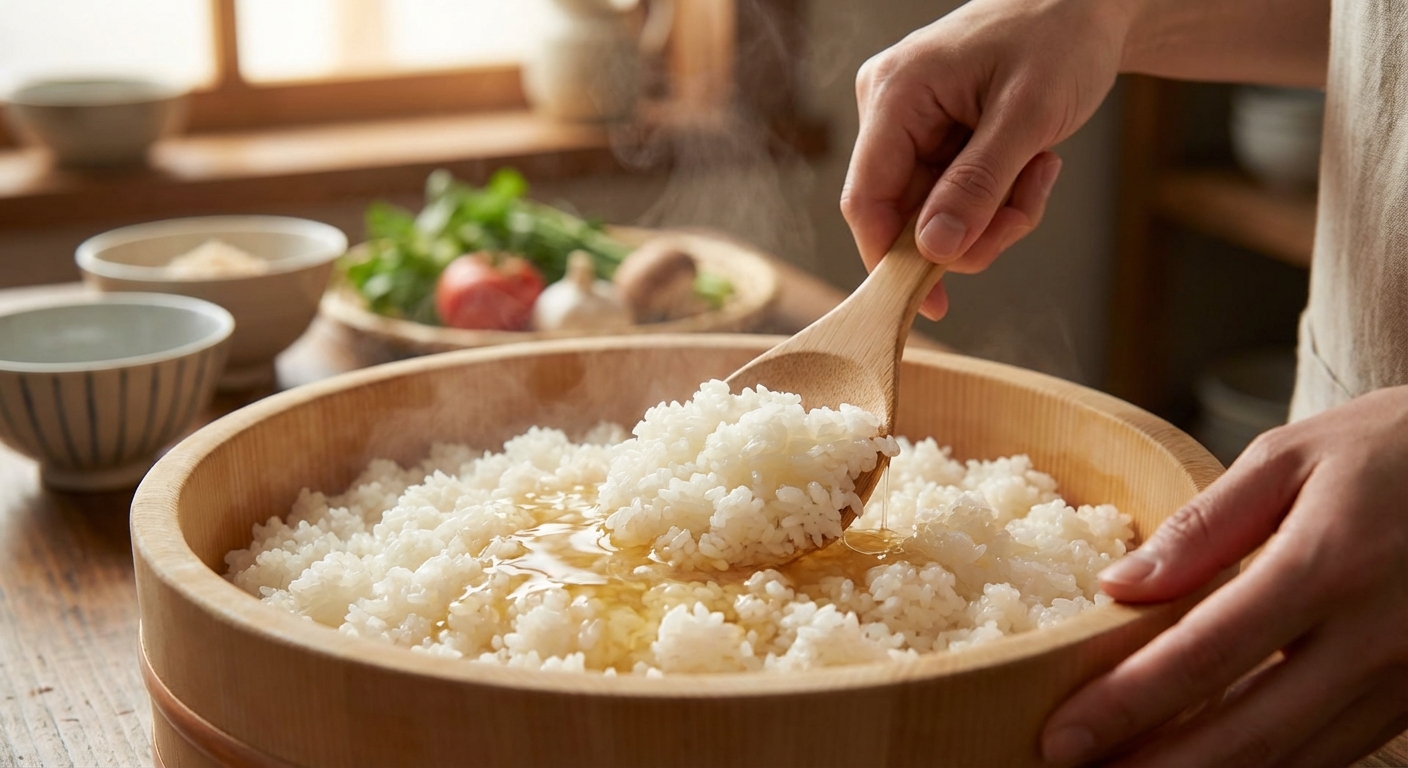 단촛물을 밥에 섞는 모습