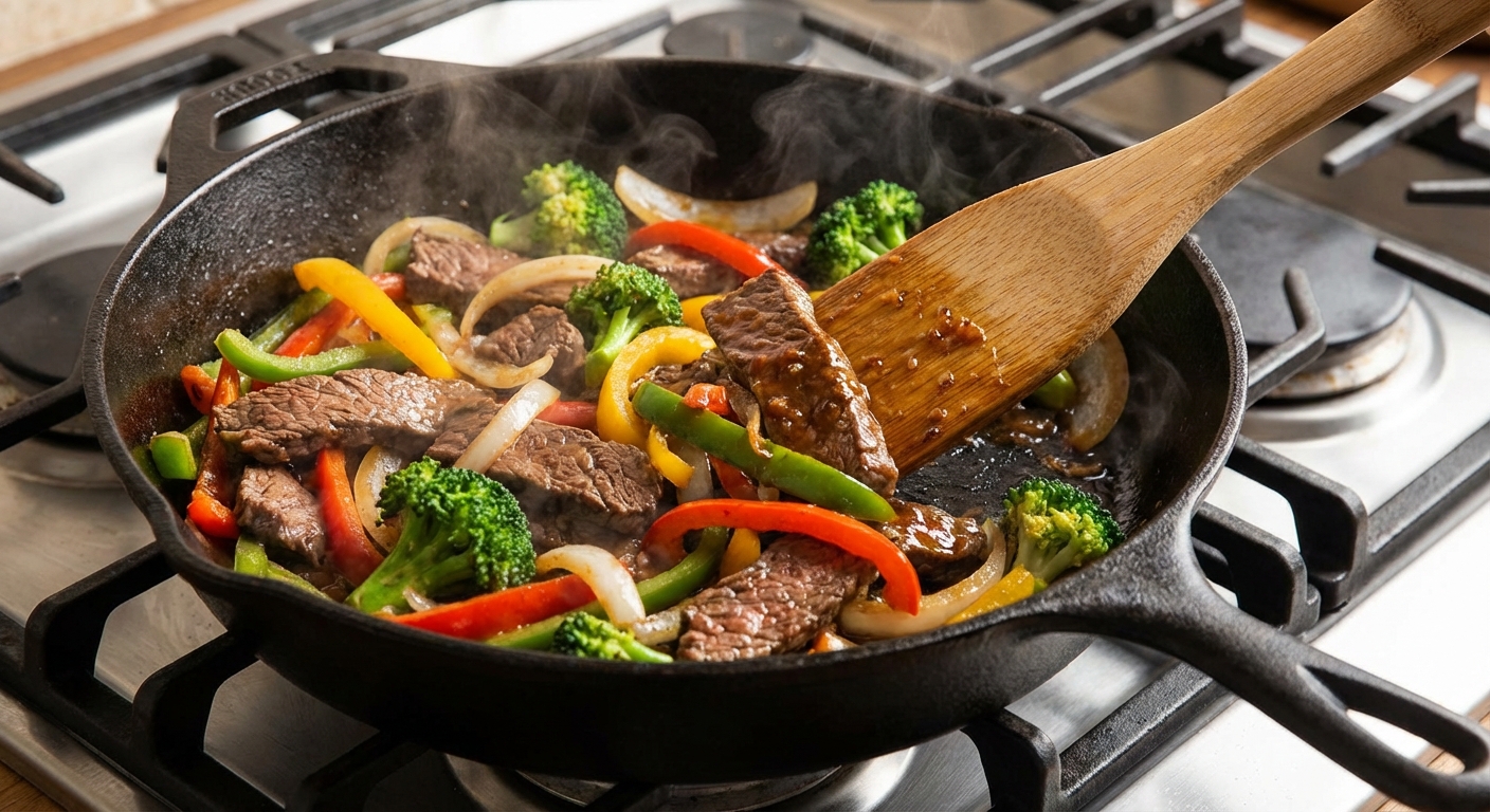 팬에서 볶아지는 소고기와 채소들