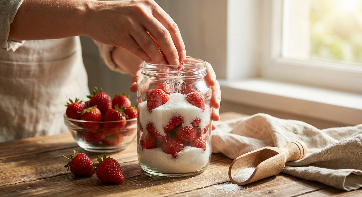 유리병에 딸기와 설탕을 층층이 담는 모습