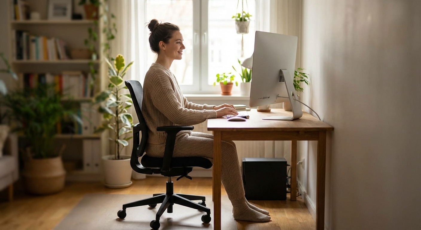 올바른 자세로 모니터를 사용하는 모습