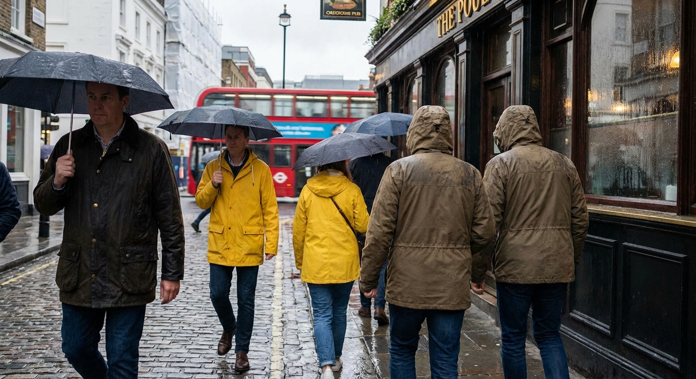영국 거리의 방수 재킷을 입은 사람들
