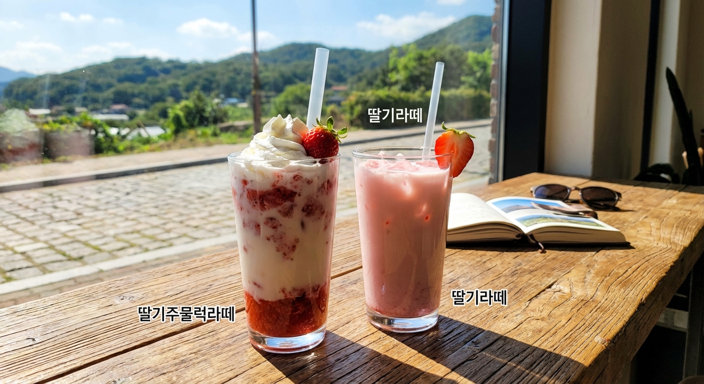 딸기주물럭라떼와 딸기라떼가 나란히 놓인 카페 테이블