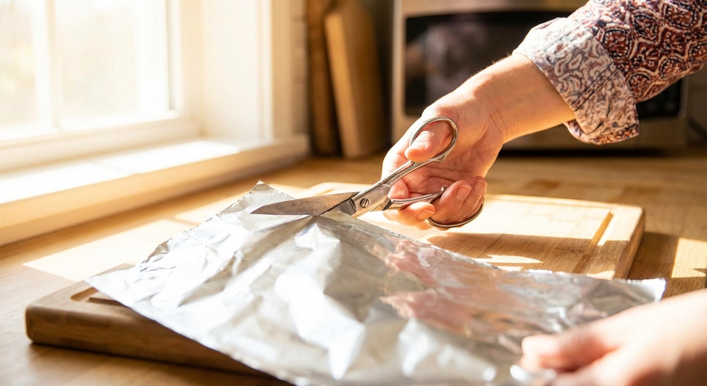 알루미늄 호일을 가위로 자르는 손의 클로즈업