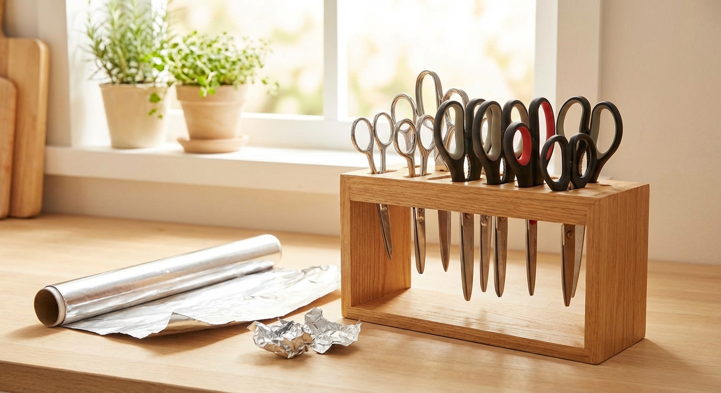 깨끗하게 정리된 가위 보관함과 알루미늄 호일