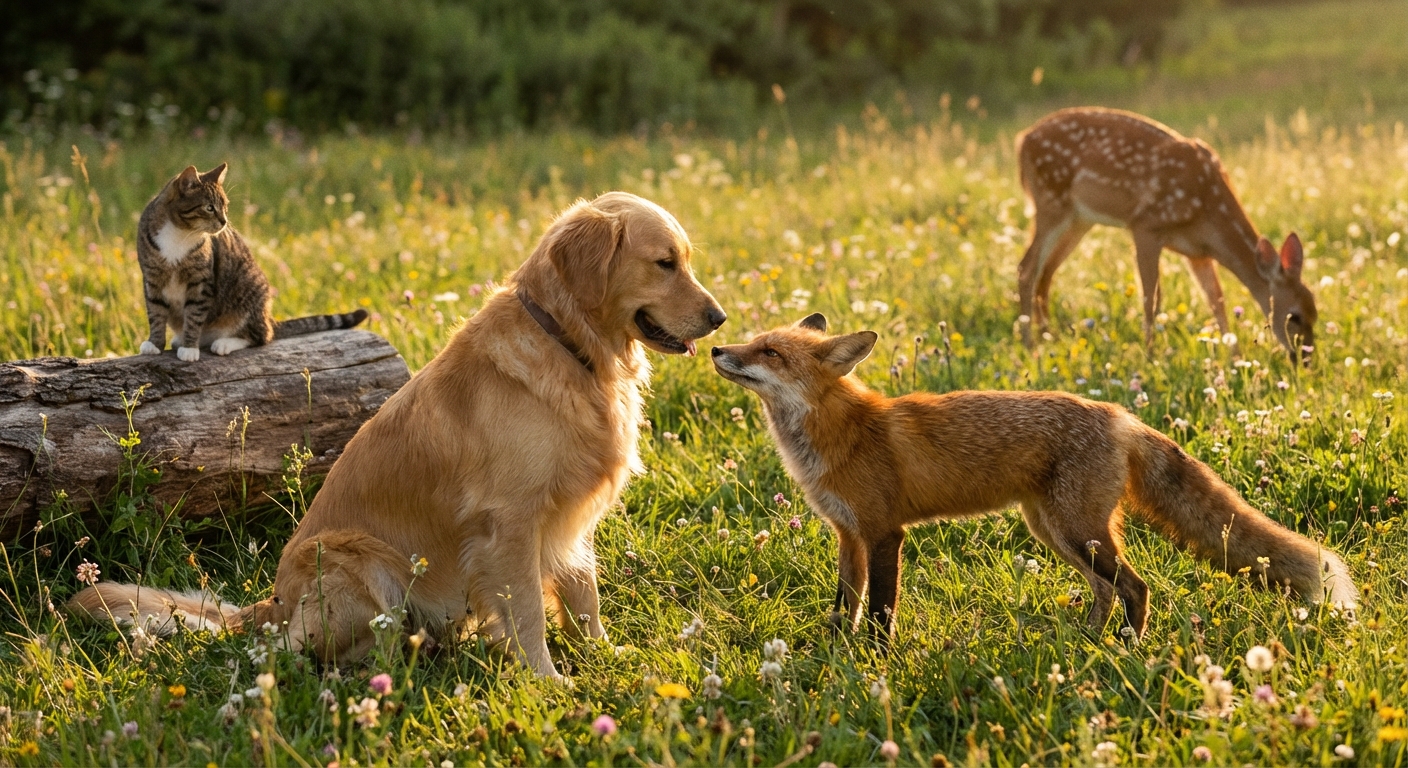 반려동물과 야생 포유류가 함께 있는 자연스러운 장면