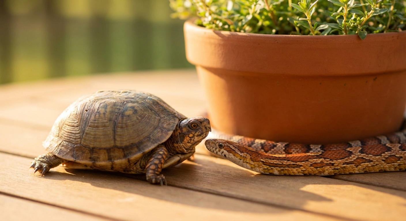 거북이와 뱀의 클로즈업 사진