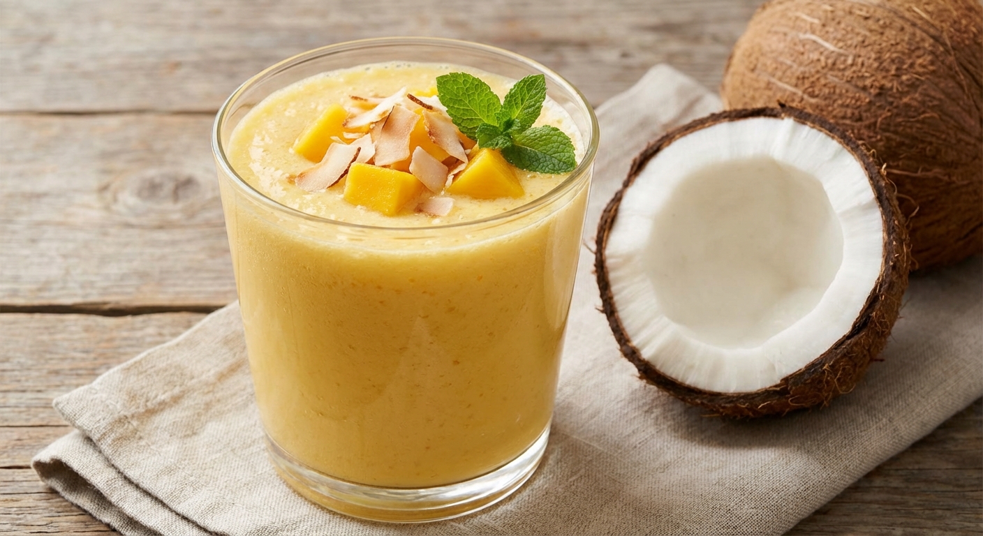노란빛 망고 쉐이크와 코코넛 장식