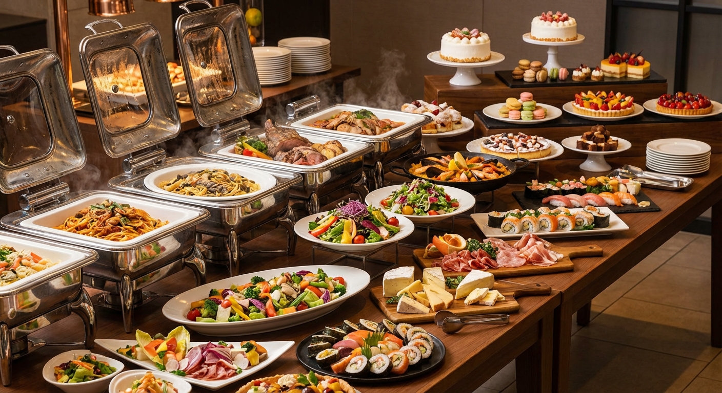 다양한 뷔페 메뉴가 진열된 모습