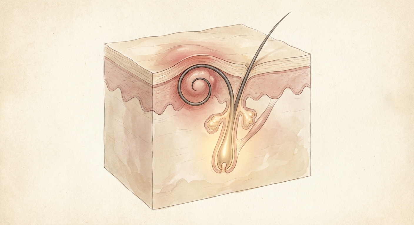 인그로운 헤어 발생 원리를 보여주는 피부 단면 일러스트