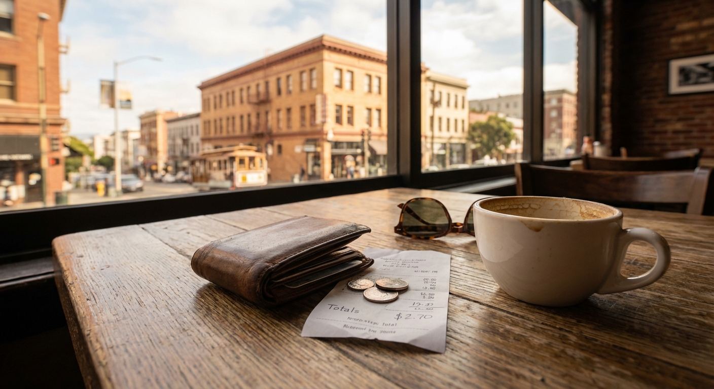 미국 레스토랑 테이블 위 영수증과 지갑 사진 공간