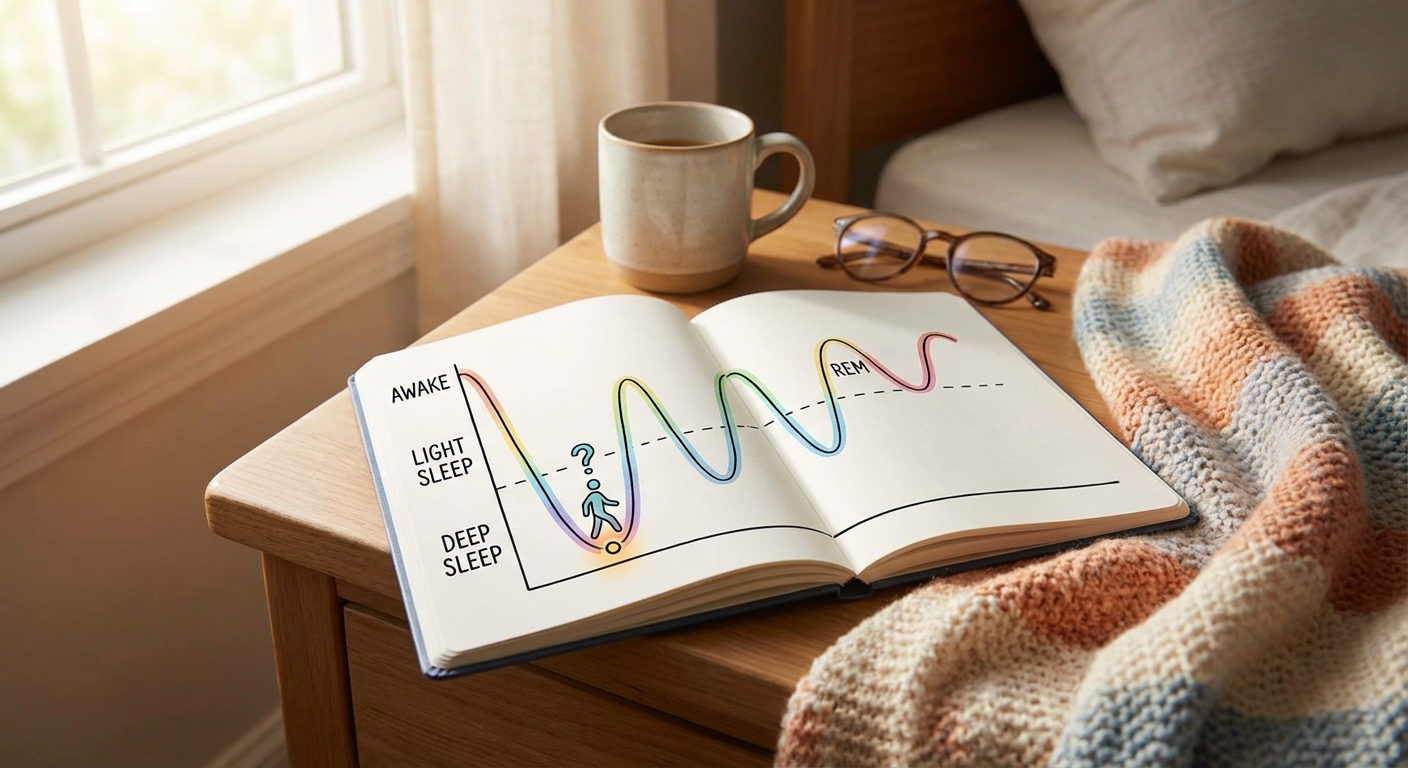 수면 단계를 보여주는 그래프와 몽유병 발생 시점 표시