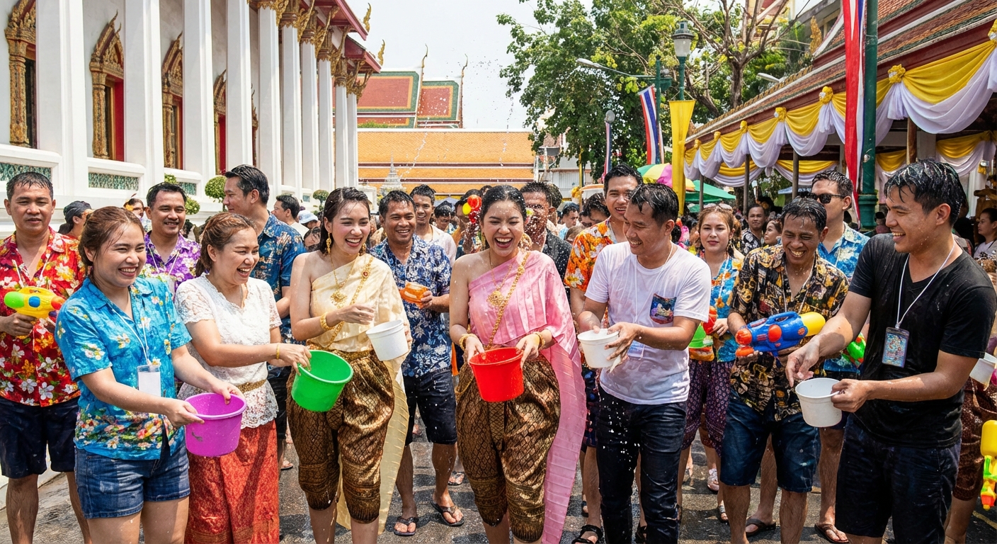 태국 송크란 축제에서 물을 뿌리며 즐기는 사람들