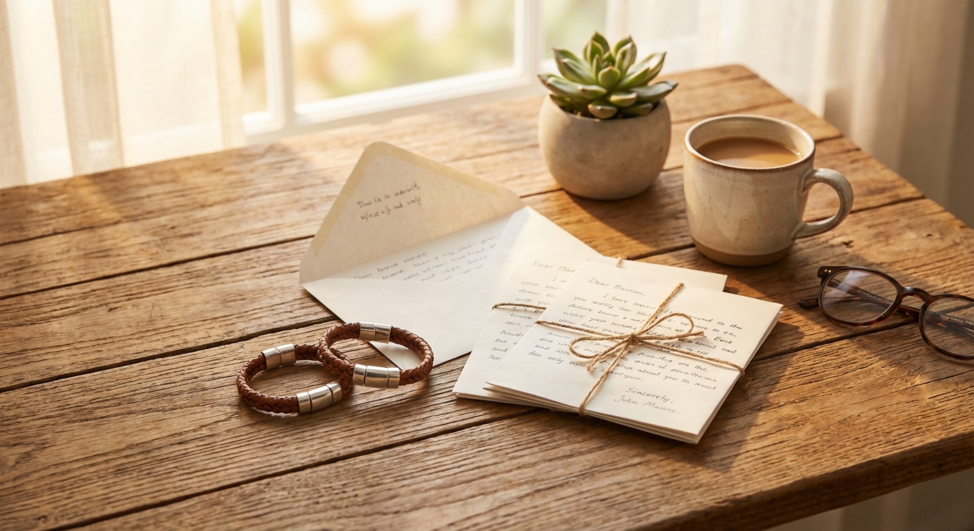 커플 팔찌와 손편지가 놓인 테이블