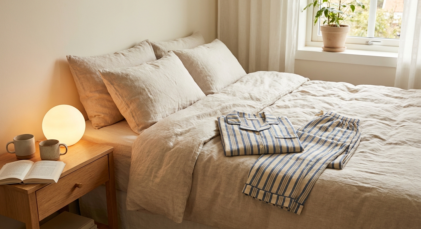 커플 파자마와 무드등이 있는 침실 풍경