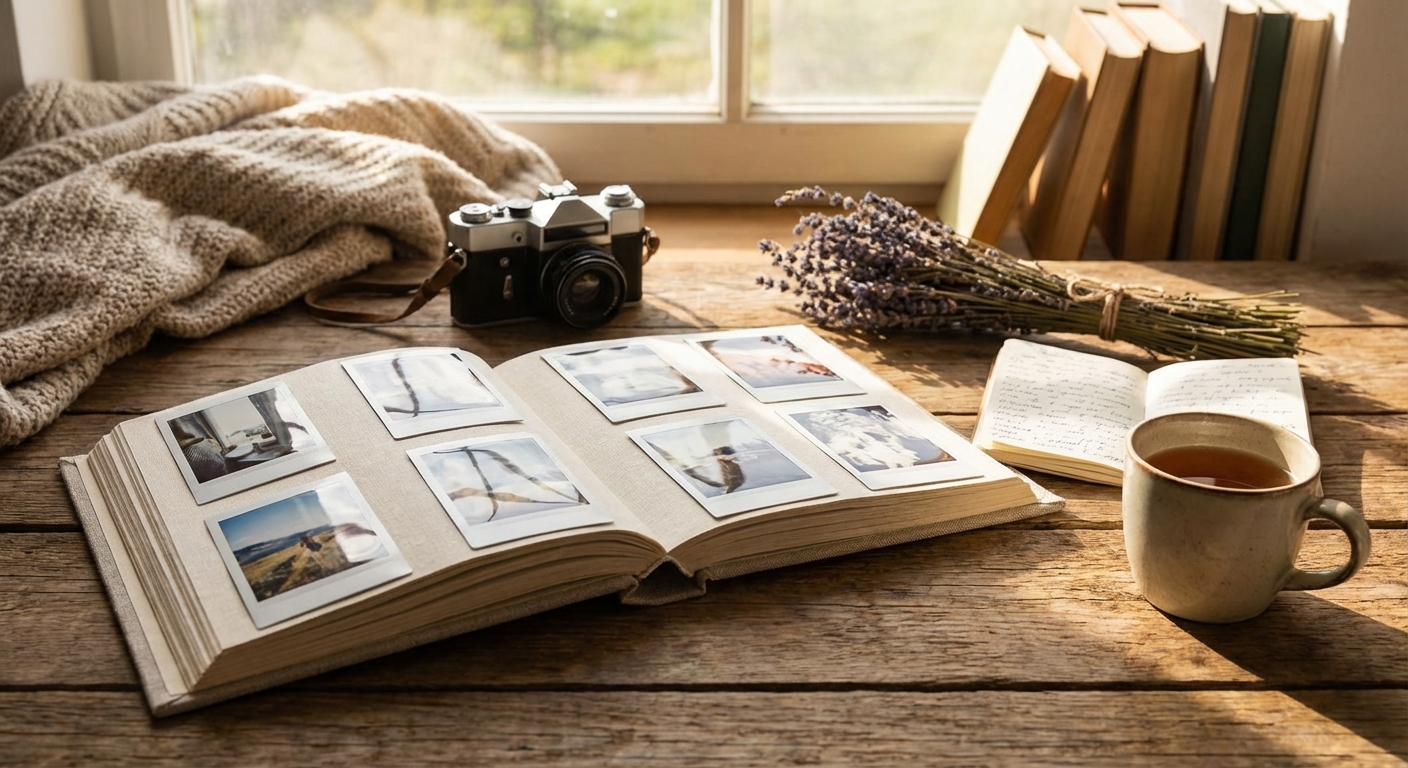 포토북과 추억 소품들이 놓인 장면