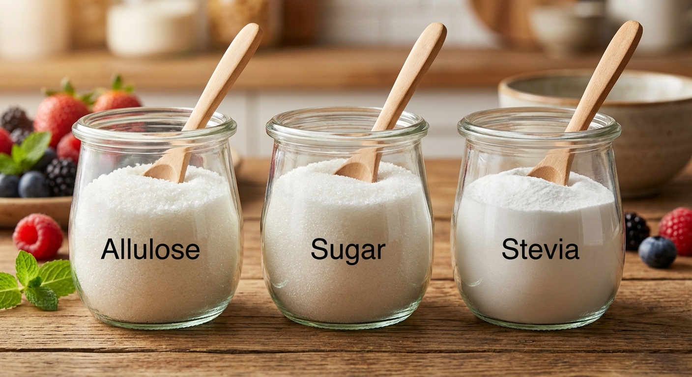 알룰로스, 설탕, 스테비아를 담은 투명한 용기 3개 나란히 배치