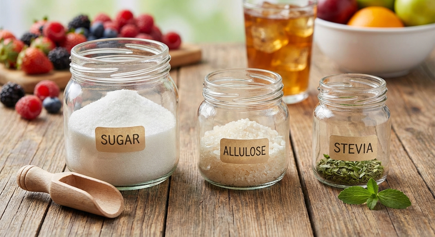 칼로리 비교 막대그래프 - 설탕 4kcal, 알룰로스 0.3kcal, 스테비아 0kcal