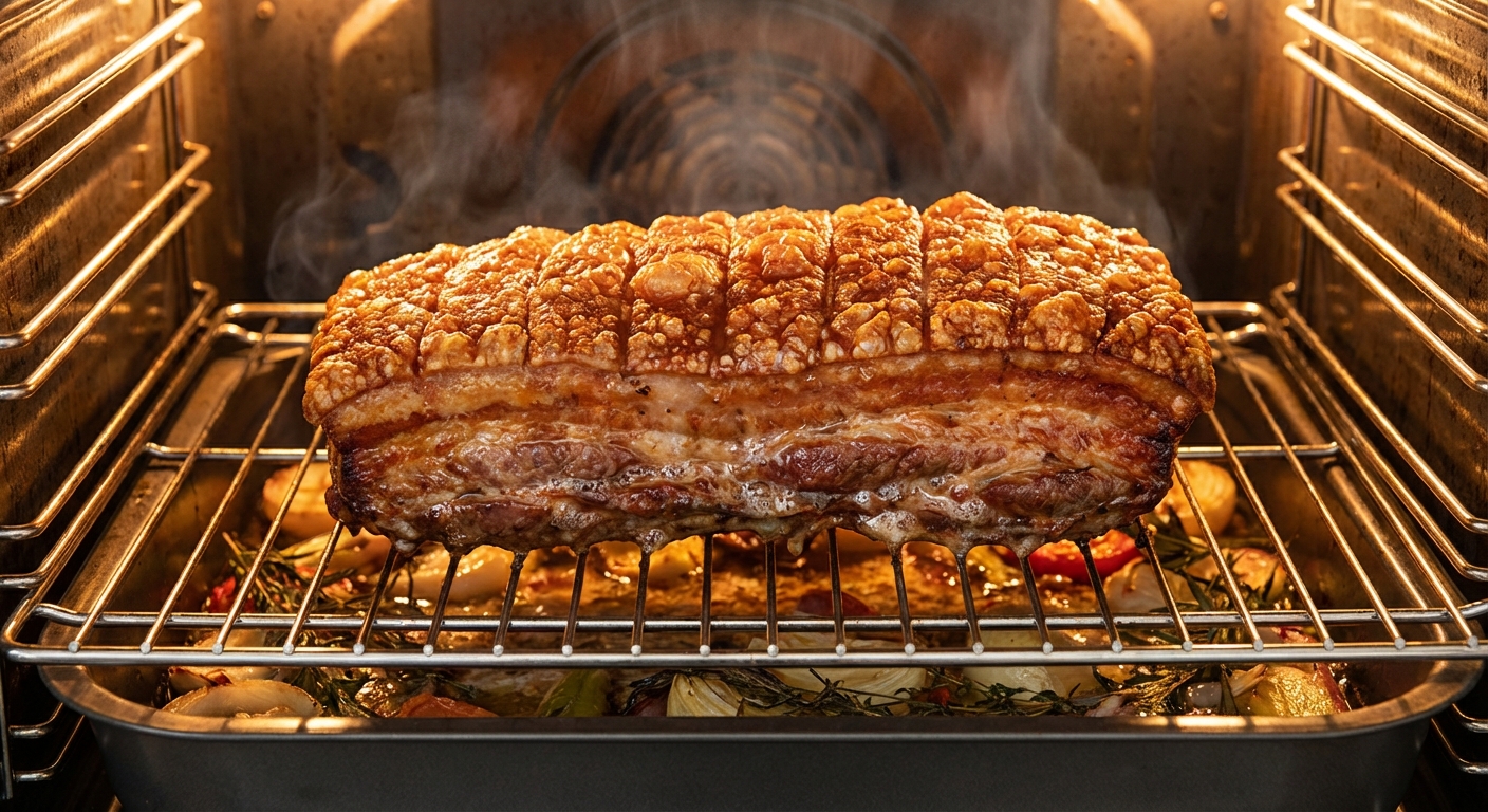 오븐에서 구워지는 통삼겹 과정