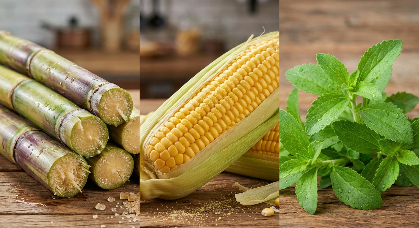 사탕수수, 옥수수, 스테비아 잎 사진 나란히