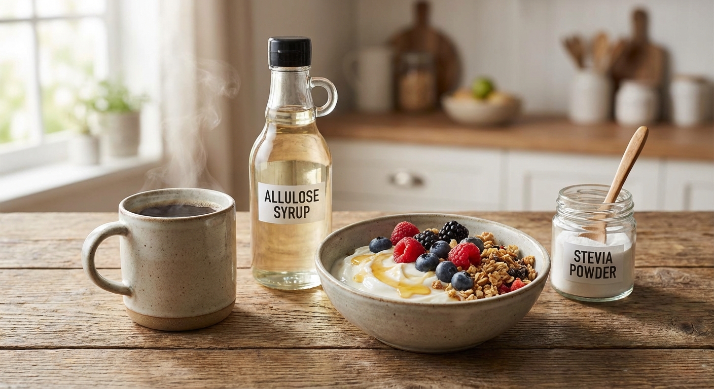 커피잔과 알룰로스 시럽, 요거트볼과 스테비아 파우더