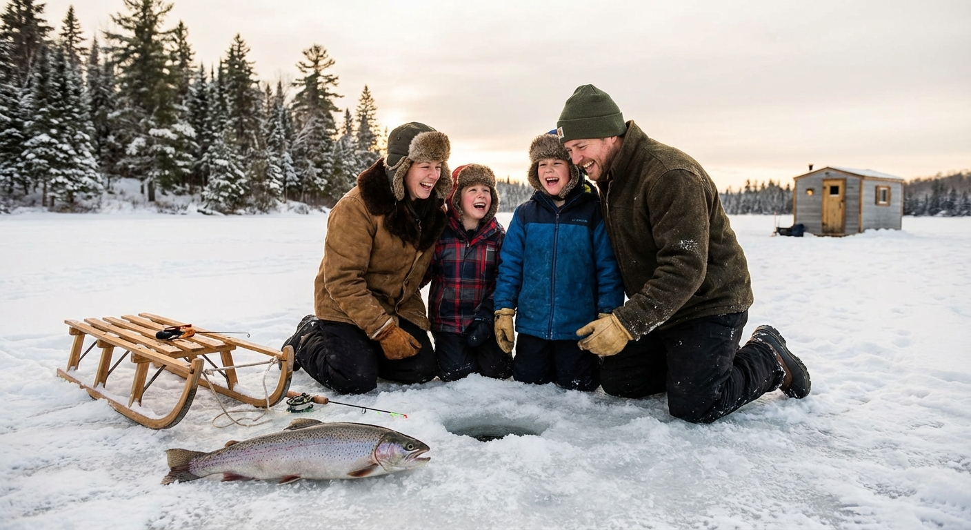 얼음낚시 중인 가족과 낚은 송어