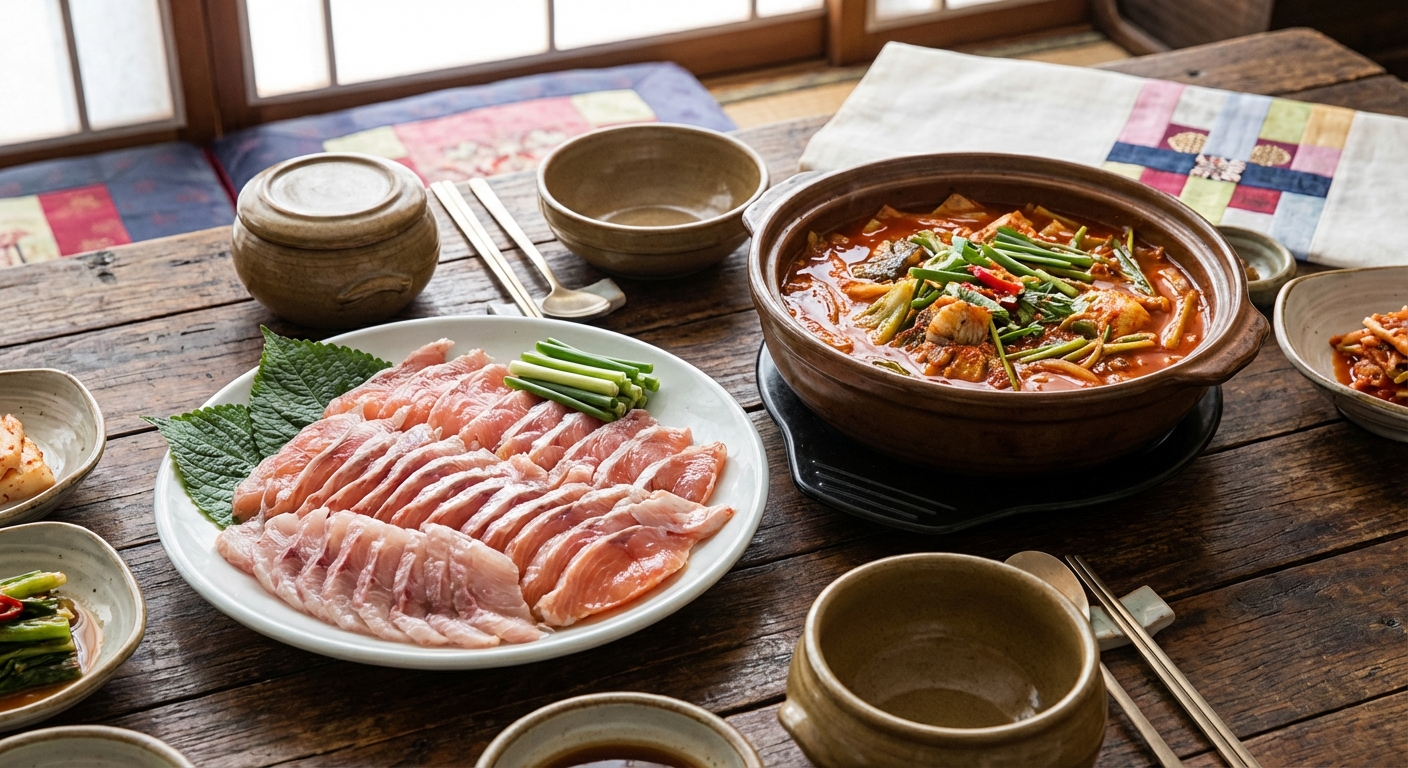 신선한 송어회와 매운탕