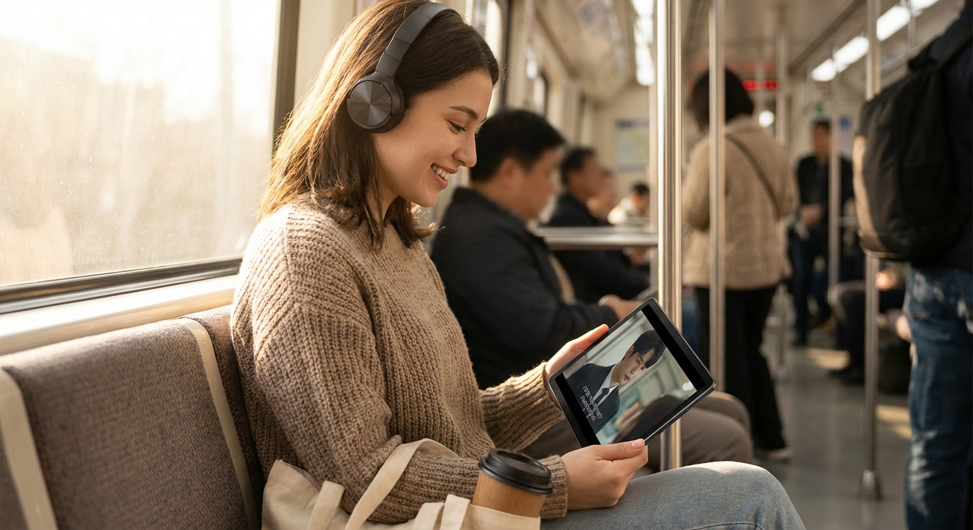 지하철 안에서 11인치 아이패드로 드라마 보는 모습