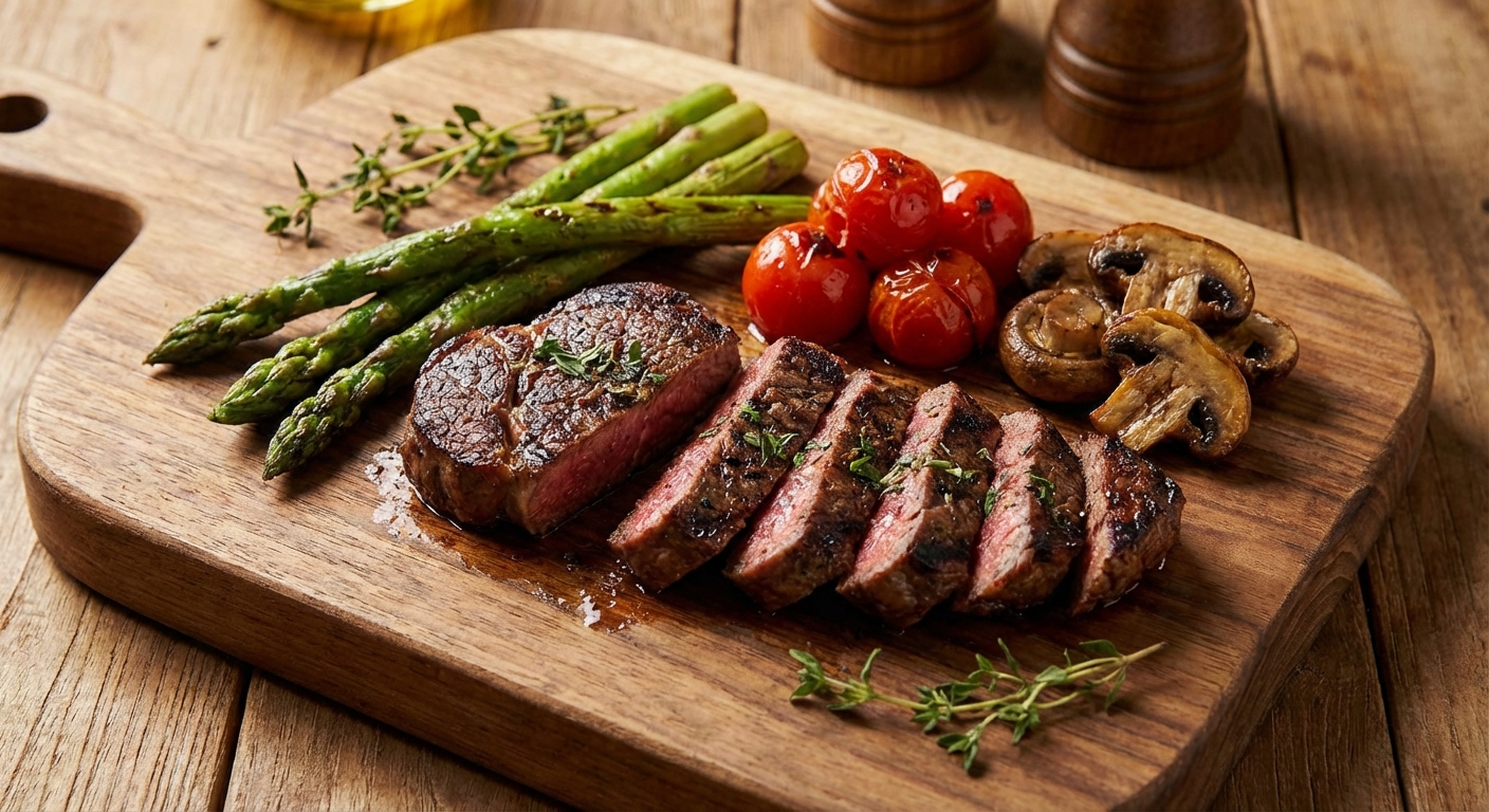 집에서 구워진 한우와 곁들임 채소