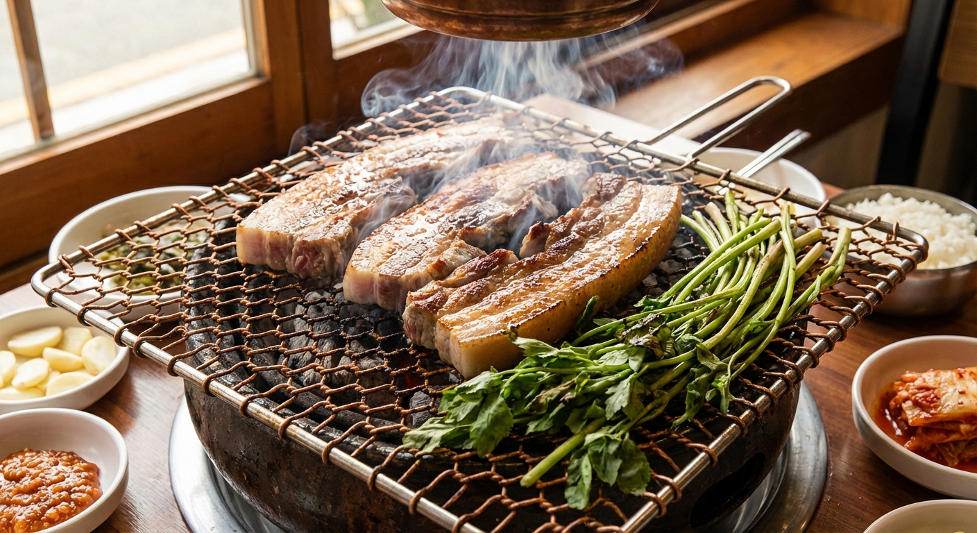 삼겹살과 미나리를 석쇠에 함께 굽는 장면