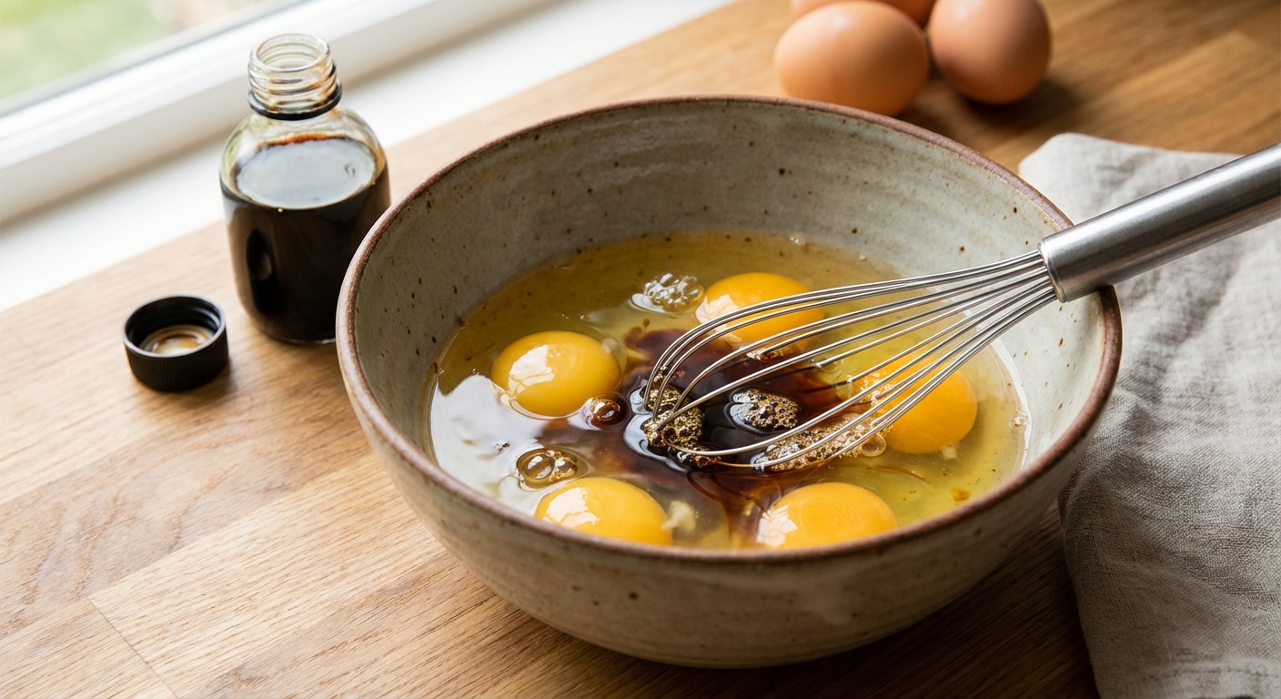 계란, 물, 간장이 담긴 볼과 거품기