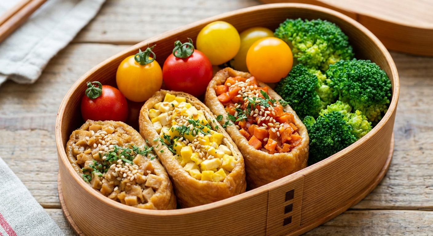 도시락 용기에 두부유부초밥과 방울토마토, 브로콜리가 예쁘게 담긴 모습