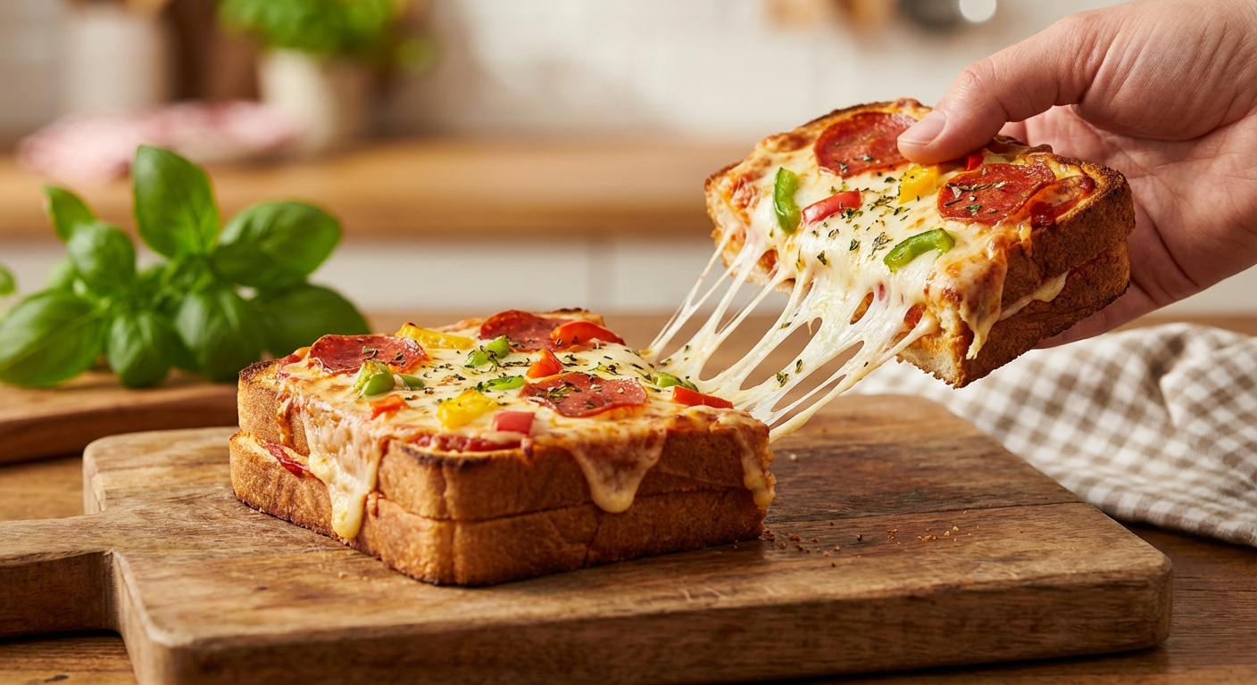 피자 토스트 완성 모습과 치즈가 늘어나는 장면