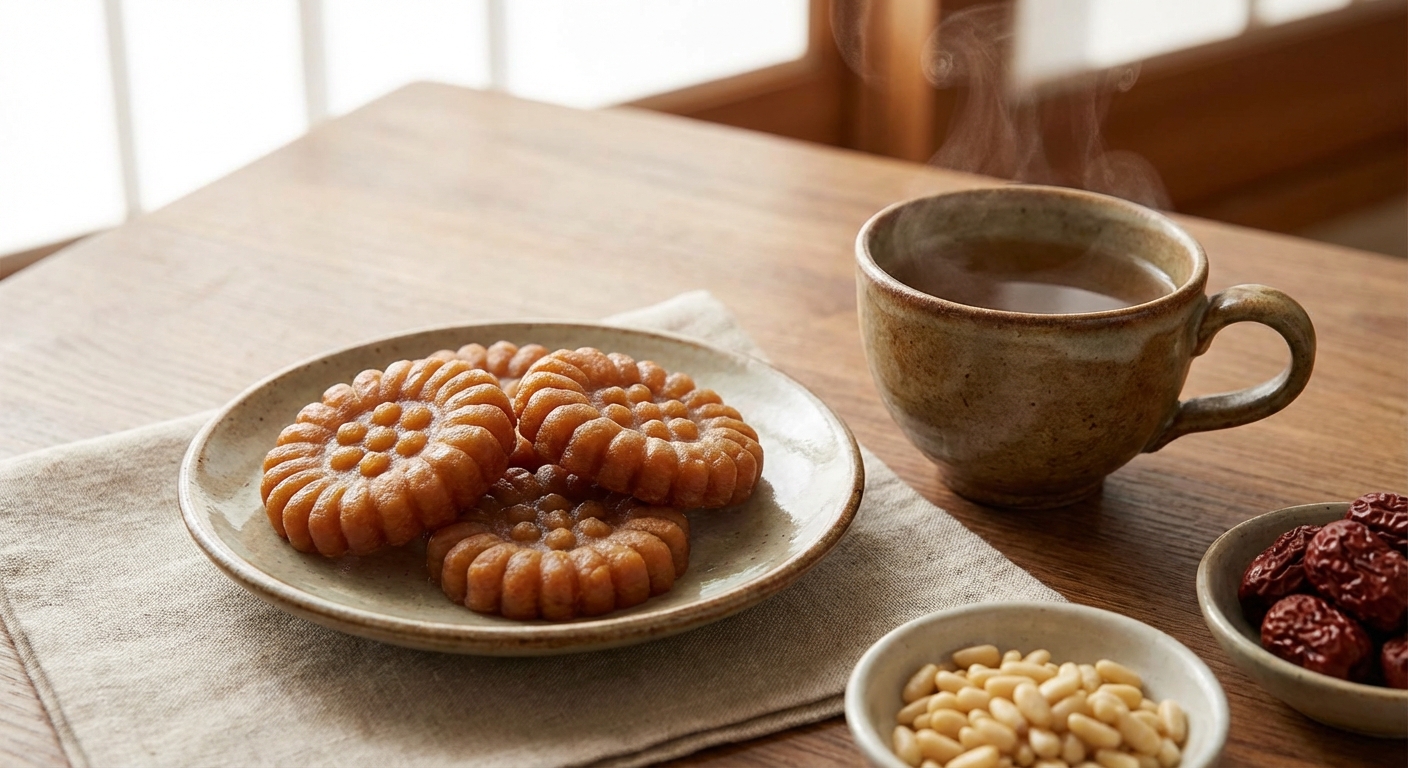 차와 함께 세팅된 약과