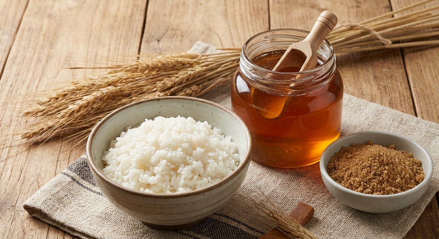 엿기름과 밥, 설탕 등 재료 세팅 사진