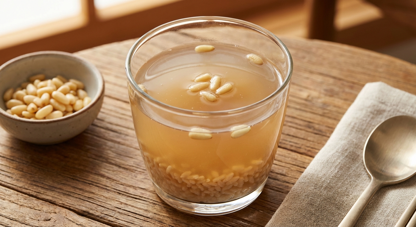 식혜를 유리잔에 담아 잣을 띄운 사진