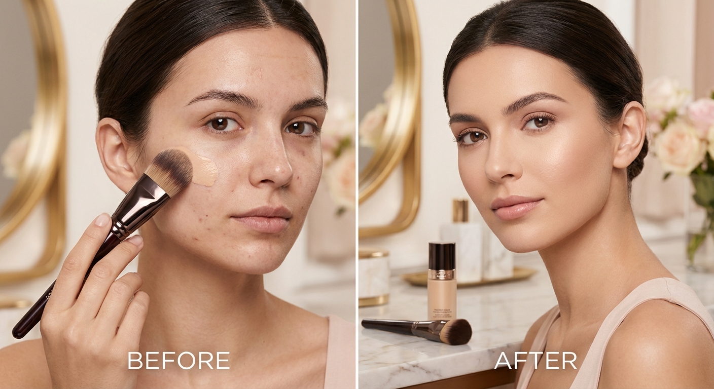 파운데이션 브러시로 바르는 모습과 비포애프터