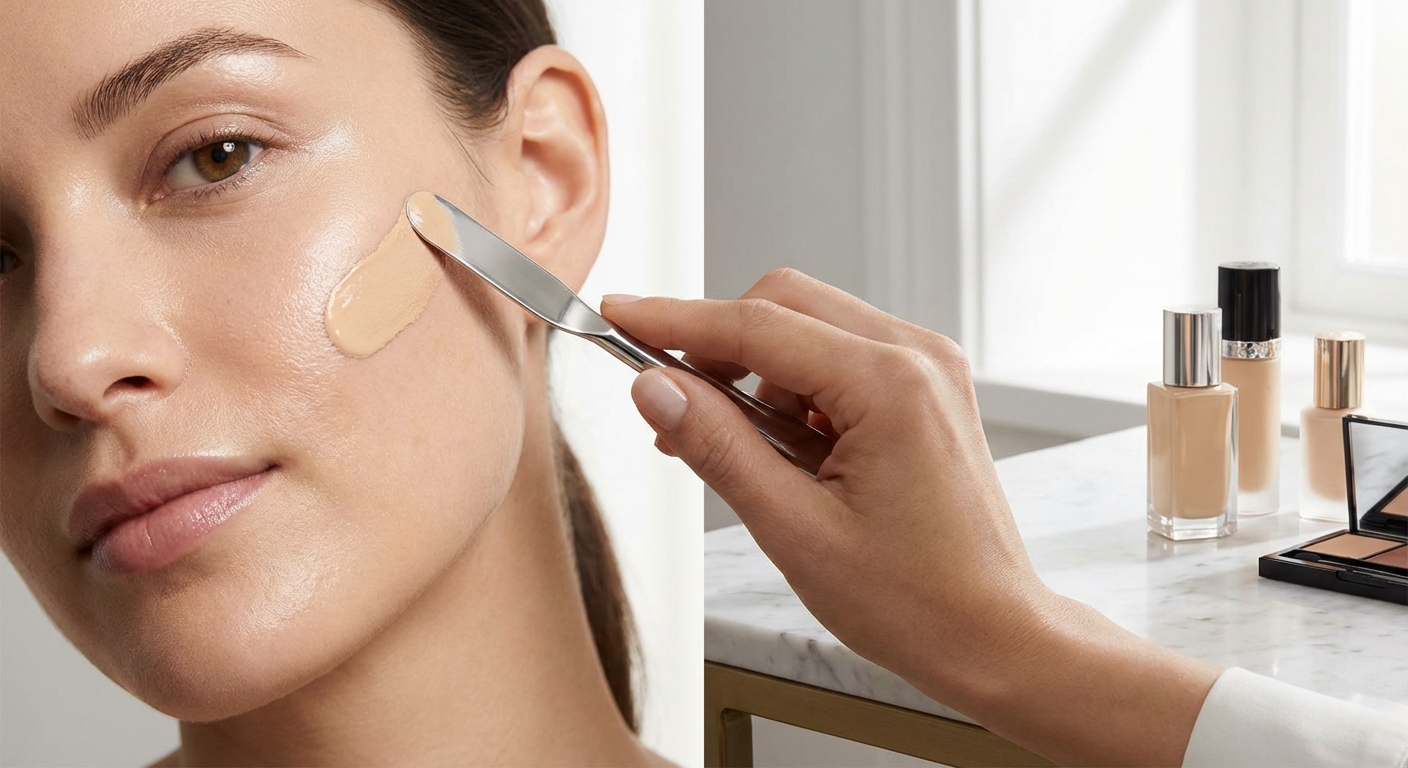 스파츌라로 파운데이션을 얼굴에 펴 바르는 과정