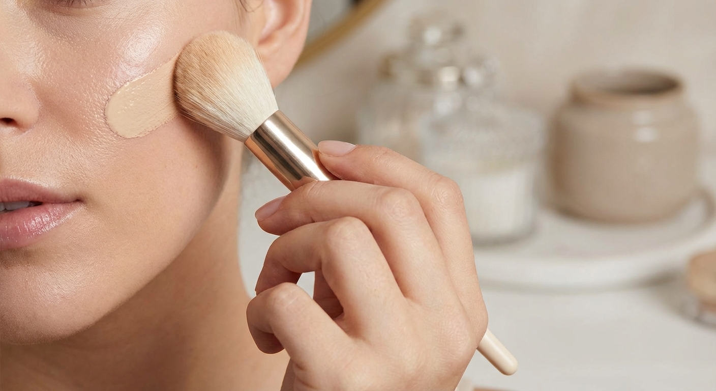 파운데이션 브러시로 피부에 제품을 블렌딩하는 모습