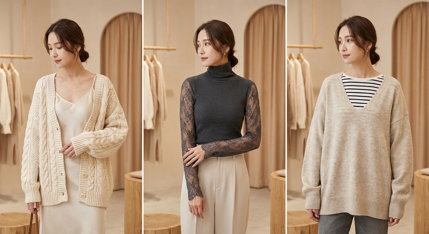 다양한 니트와 이너 조합 비교 사진