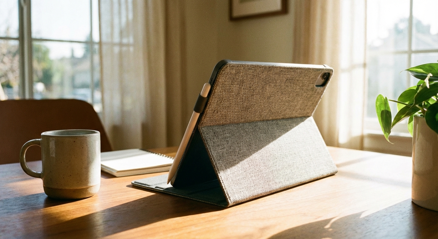 태블릿 케이스에 펜이 꽂혀 있고 스탠드로 세워진 모습