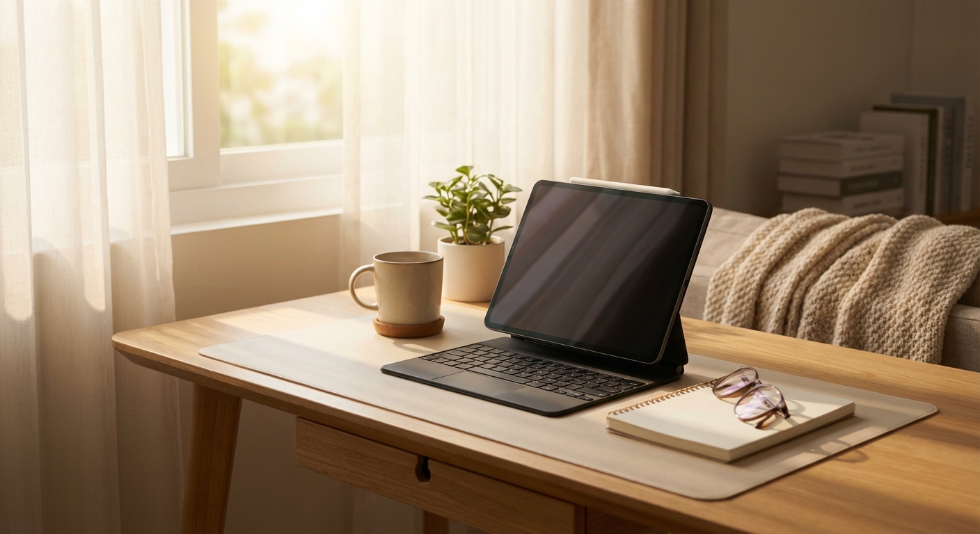 깔끔하게 정돈된 책상 위 태블릿과 액세서리들
