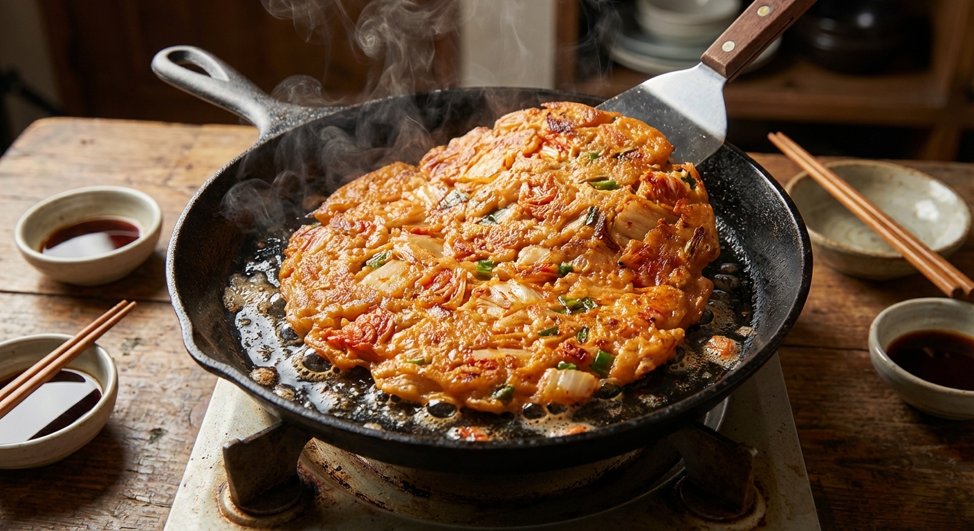 팬에서 지글지글 익고 있는 김치전