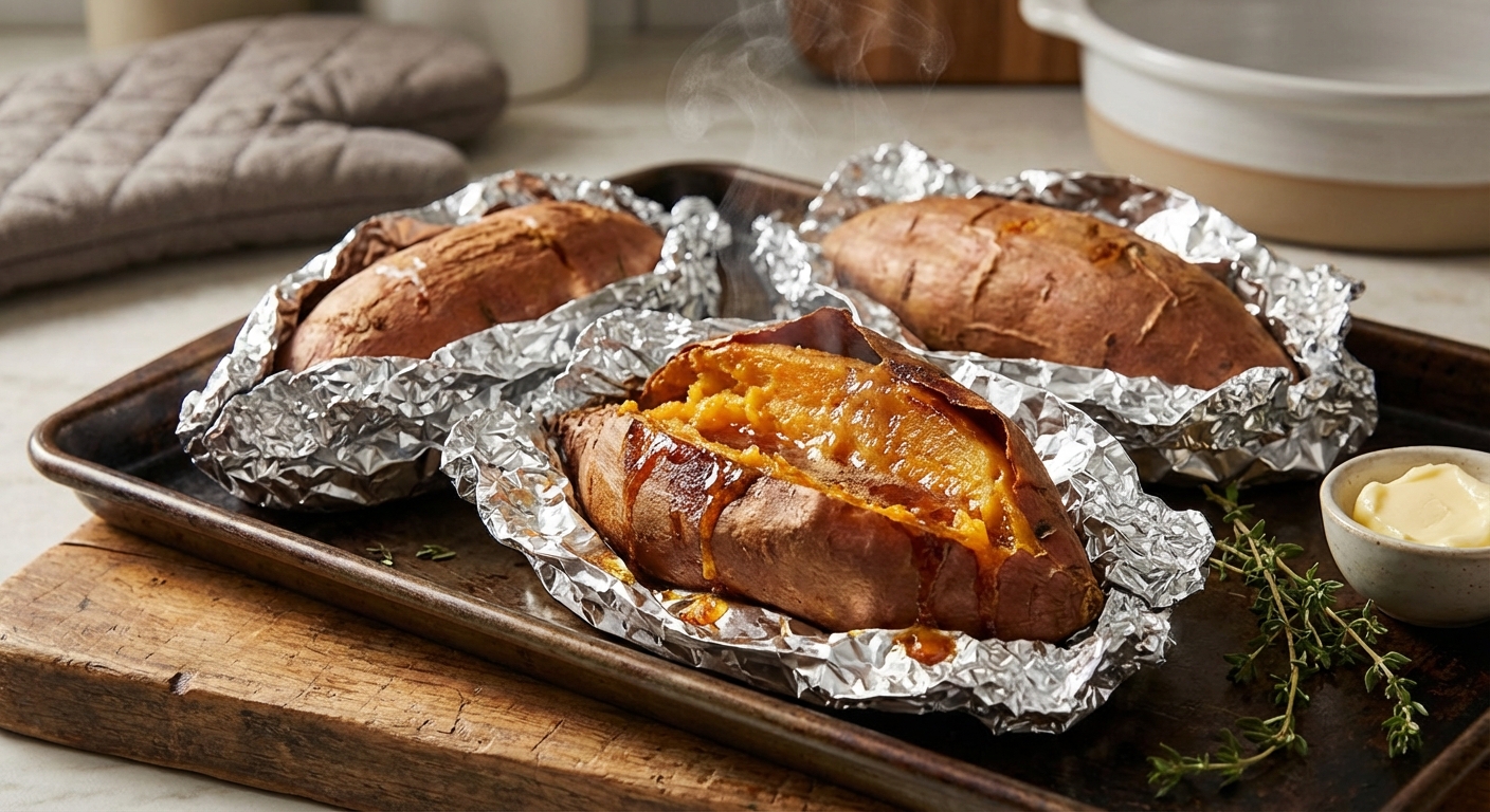 오븐에서 갓 구워낸 호일에 싸인 군고구마