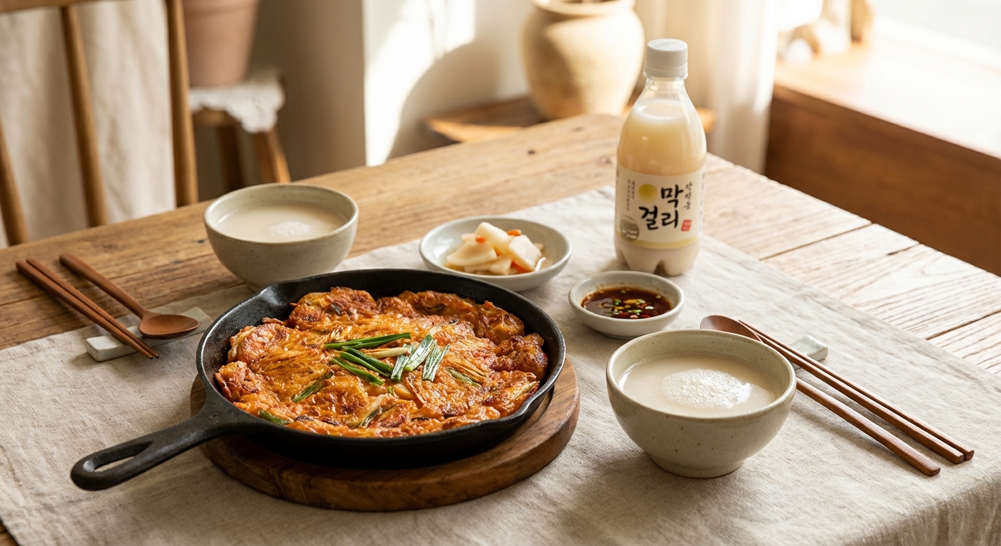 김치전과 막걸리가 함께 놓인 브런치 테이블