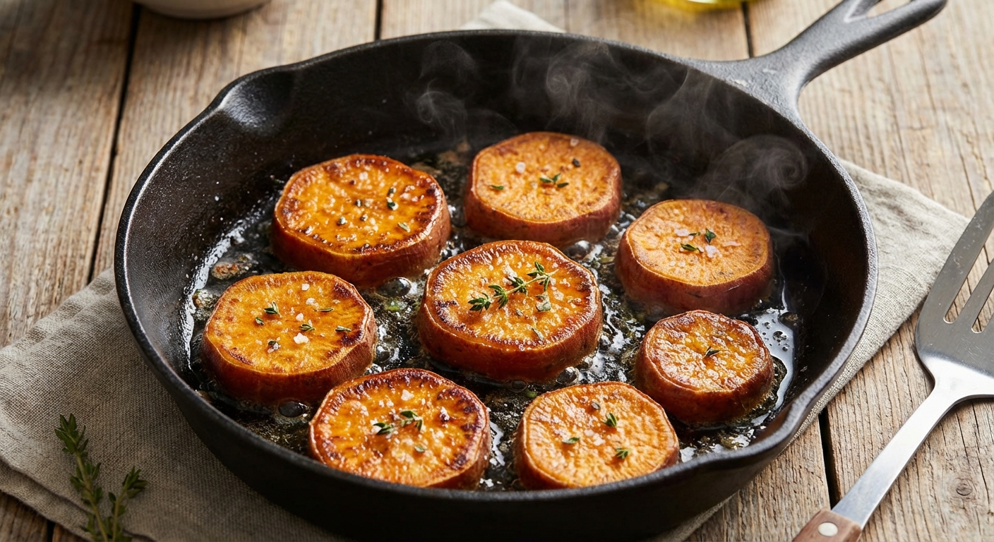 프라이팬에서 노릇하게 구워지고 있는 고구마 슬라이스