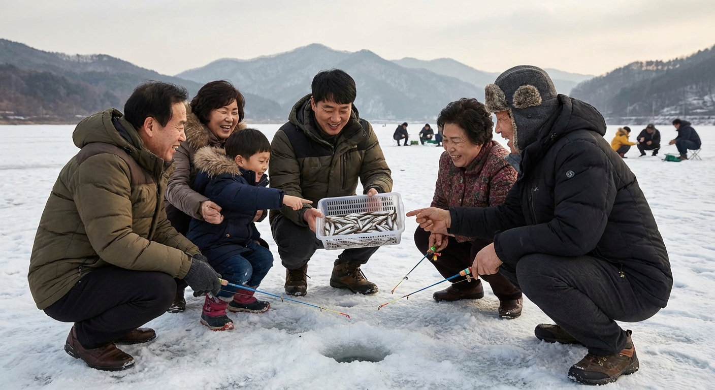 빙어낚시 체험 모습과 잡은 빙어를 들고 있는 가족