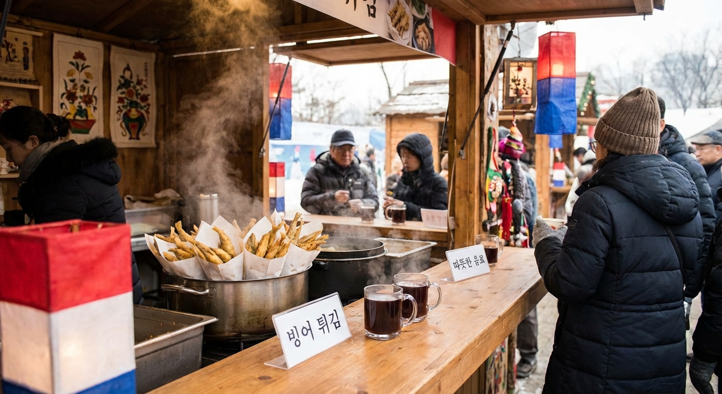 빙어 튀김과 따뜻한 음료가 있는 축제 현장 간식 부스