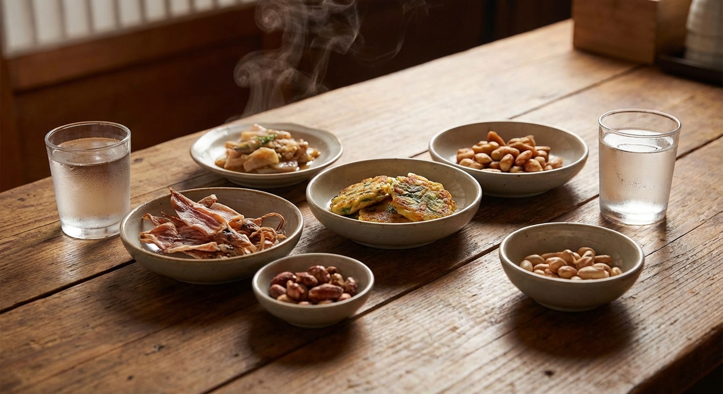 물잔과 안주가 놓인 술상