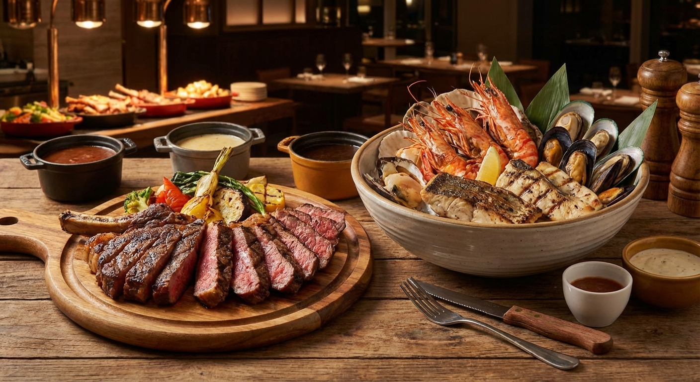 뷔페 스테이크와 해산물 요리